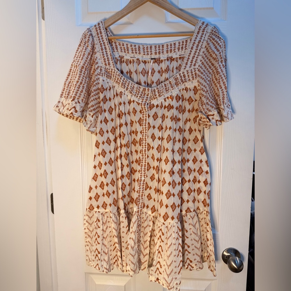 Free People Cream Dress with Brown Geometric Print
